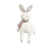 White rabbit plush rattle with floppy ears, a small scarf, and knotted paws designed for tactile play.